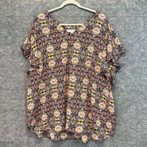 LOFT Top Women's 24 Plus Multicolor Floral Chiffon Short Flutter Sleeve V Neck